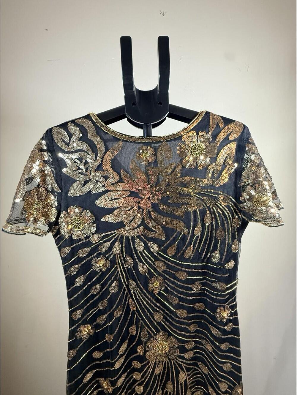 Yessa 1920's Flapper Dress Black Gold Sequin Floral Fringe Size XL - Picture 4 of 9